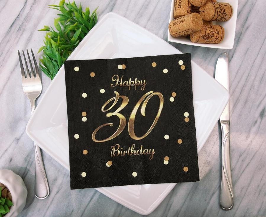 Serwetki B&C Happy 30 Birthday, czarne, nadruk złoty 33x33 20szt PG-S30C GoDan